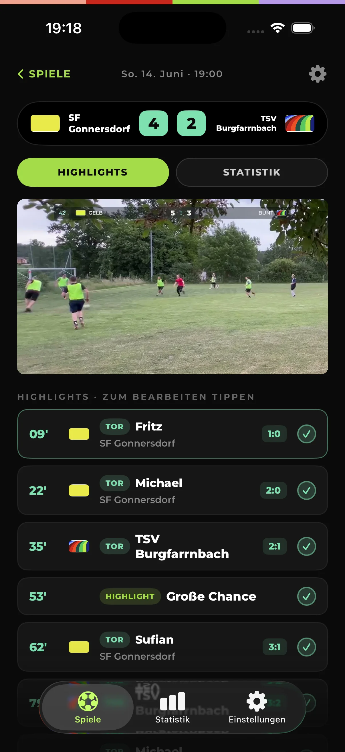 Match-Detail mit fertigem Highlight-Video