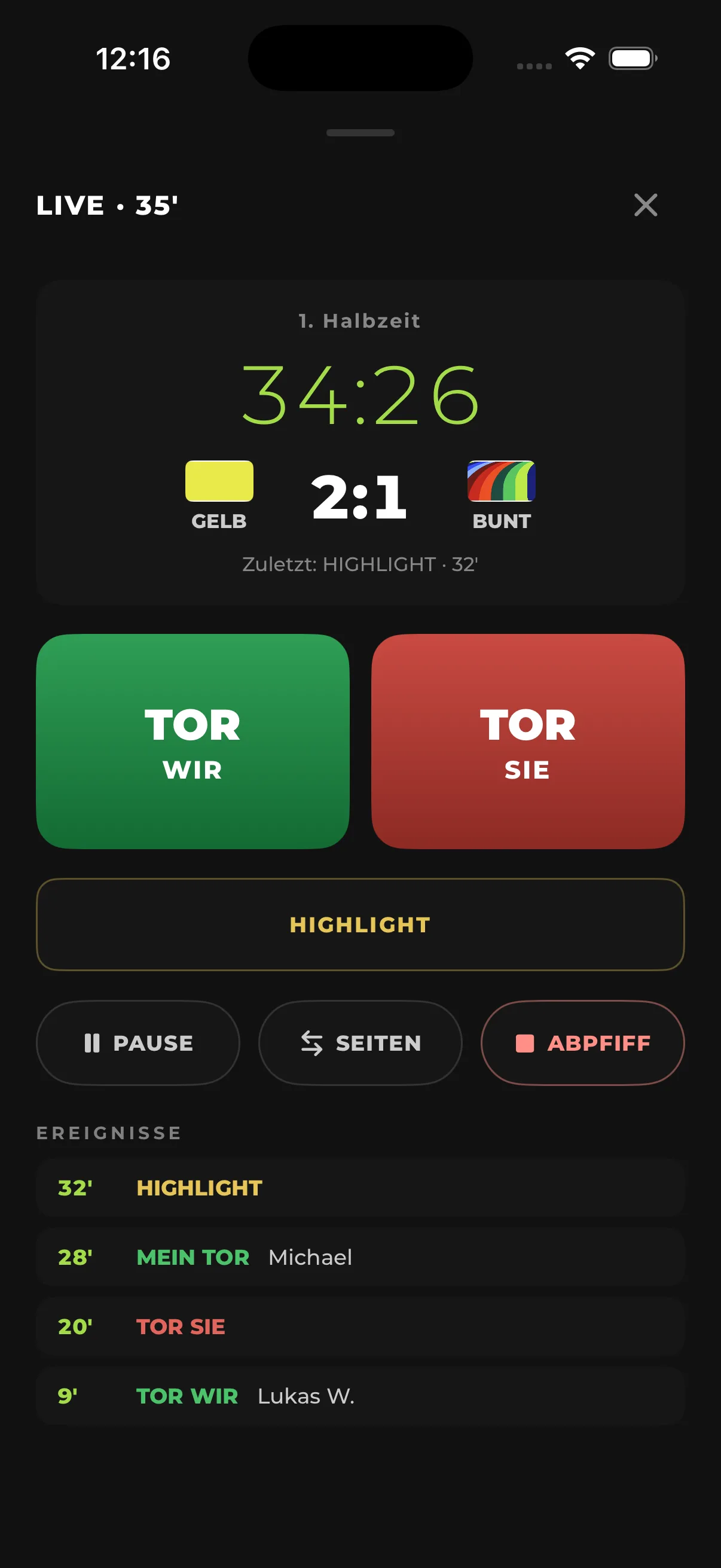 Live capture on iPhone: timer, score and event list
